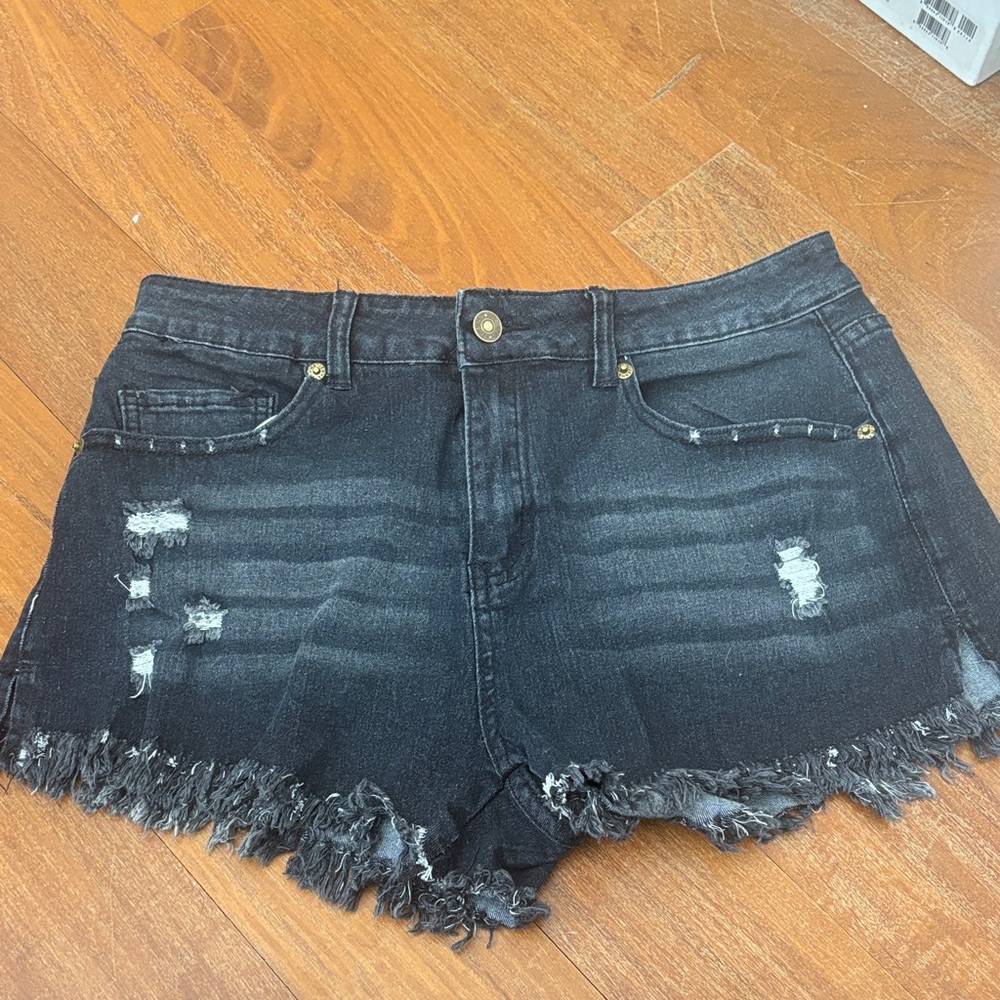 Distressed Black Denim Shorts